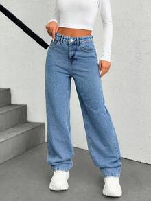 EURMUSE HIGH RISE STRAIGHT CUT JEAN WITH PINKY DETAIL - Medium Wash - View 2