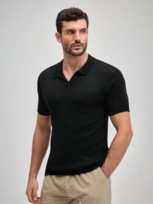 Officeau Polo de punto de manga corta con cuello casual y sólido para hombre, Old Money de primavera a verano - Negro - Ver 3