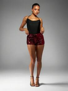 MISSGUIDED Sequin High Waisted Shorts Sparkly Party Clubwear Mini Hot Pants Festival Concert Stage Performance Glitter Bottoms - Burgundy - View 3
