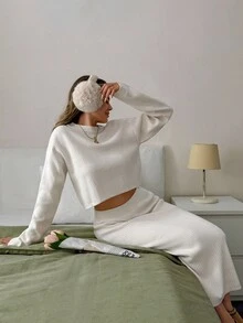 EURMUSE Women Fit Sweater And Sweater Skirt 2pcs Set Co-Ords Ribbed Two Piece Set Knit Two Piece Set Cream Two Piece Set Comfortable Two Piece Set Two Piece Skirt Set White Ribbed Two Piece Set,Winter Clothes - Cream - View 5