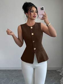 Selianne Fashionable Sleeveless Waist Cinched Black Jacket With Gold Button Decor, Versatile For Daily Wear, Spring/Summer - Brown - View 5