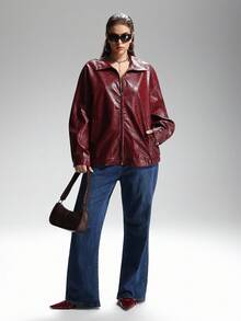 SHEIN EZwear 秋冬大码休闲街头风格哑光勃艮第仿鳄鱼皮夹克 - 酒紅色 - 查看 6