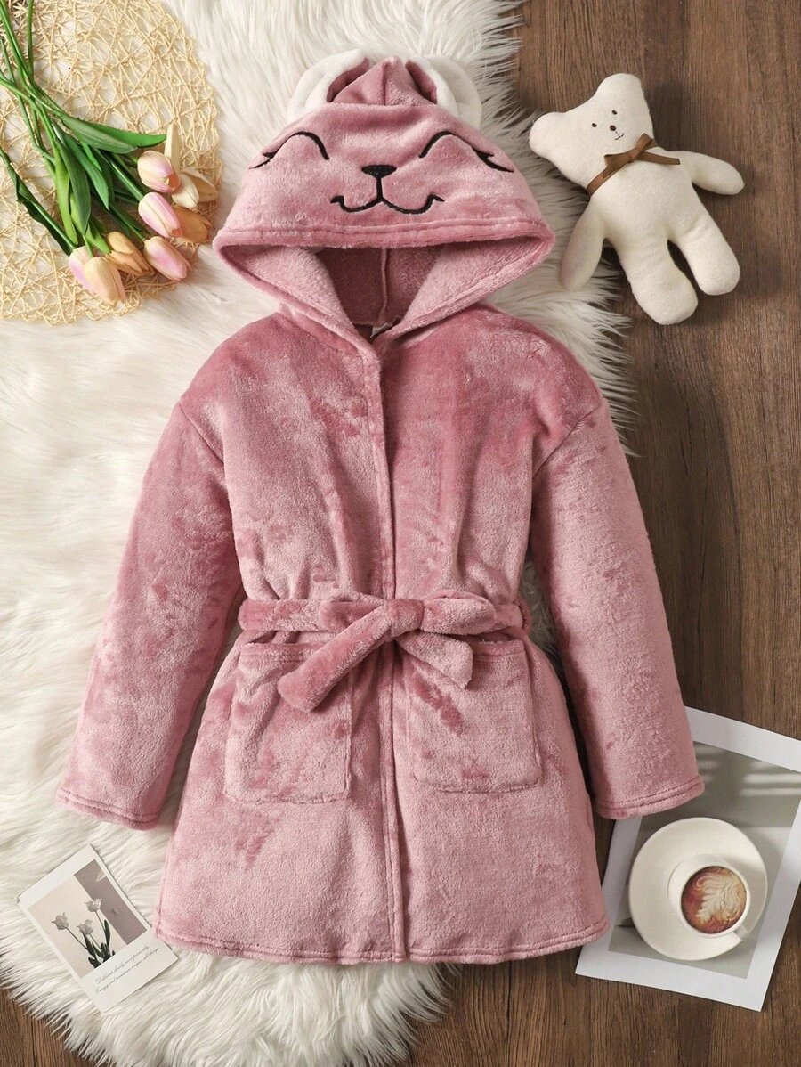 SHEIN 女童卡通刺绣双面羊毛连帽浴袍、女童冬季浴袍、幼儿女童毛绒睡袍 - 粉色 - 查看 1