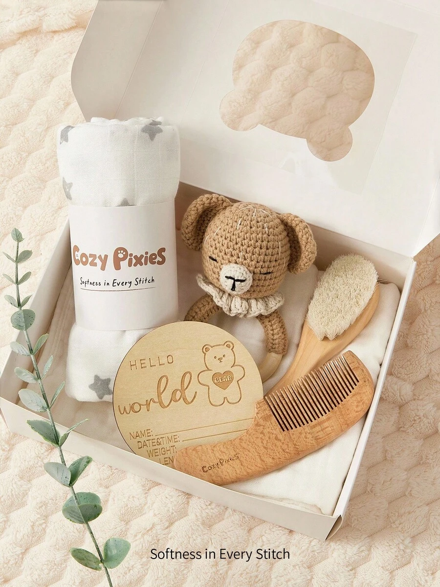 Cozy Pixies Set de 5 artículos esenciales para bebé, adecuado para todas las estaciones - 1 manta de envolver con estampado de estrella, peine, cepillo, mordedor, tarjetas para recién nacidos, set de regalo para recién nacidos - Multicolor - Ver 1