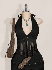 SHEIN ICON 大码 Y2K 复古牛仔波西米亚乡村音乐会度假嬉皮士西部风女装节日流苏下摆露背麂皮吊带背心，秋季度假，波西米亚黑色上衣，秋季 - 黑色 - 查看 1