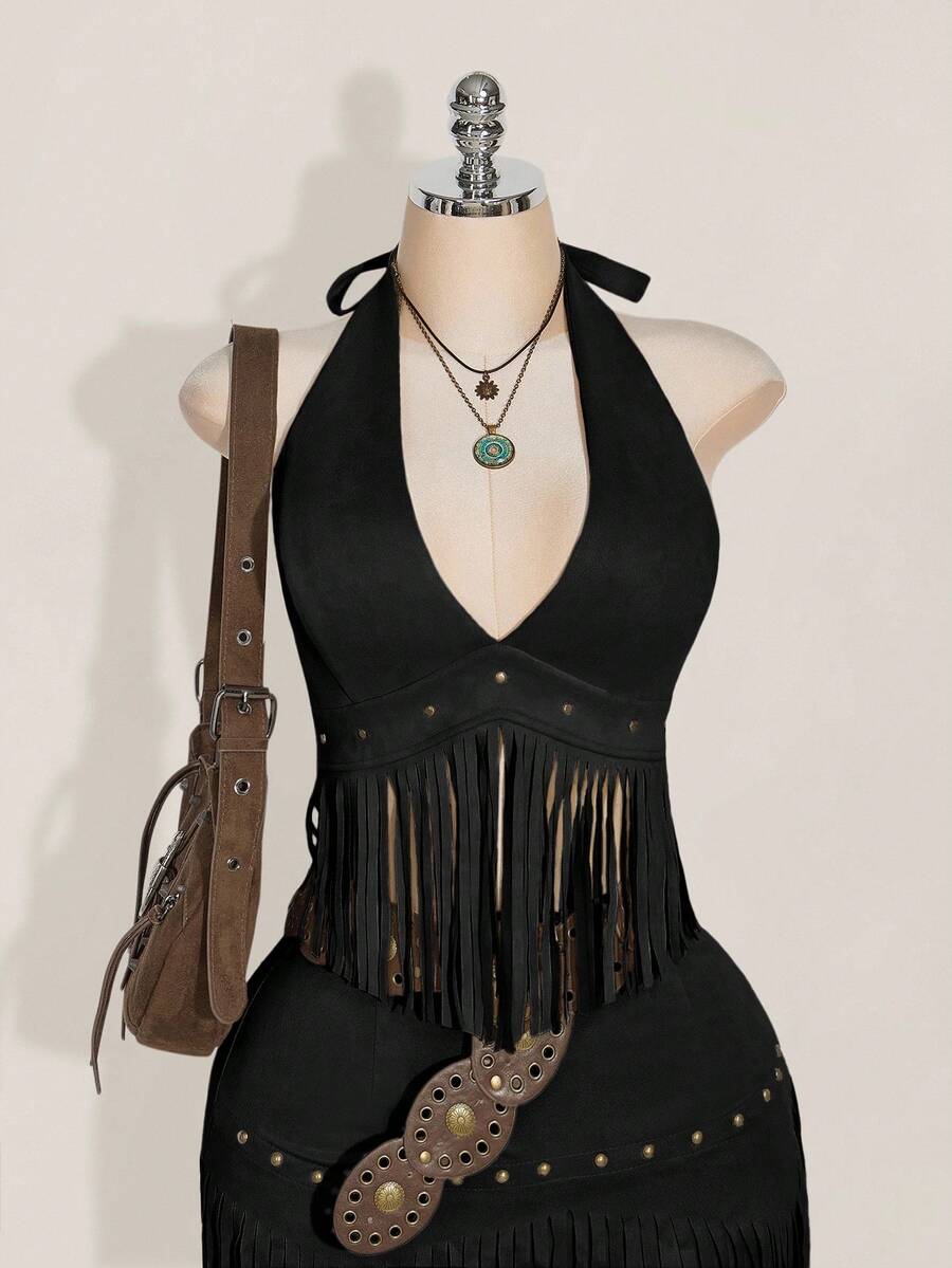 SHEIN ICON 大码 Y2K 复古牛仔波西米亚乡村音乐会度假嬉皮士西部风女装节日流苏下摆露背麂皮吊带背心，秋季度假，波西米亚黑色上衣，秋季 - 黑色 - 查看 1