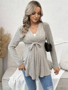 SHEIN Pregnant Women's Solid Color Regular Shoulder Long Sleeve Striped Casual Drawstring Regular Jacket - Khaki - View 2
