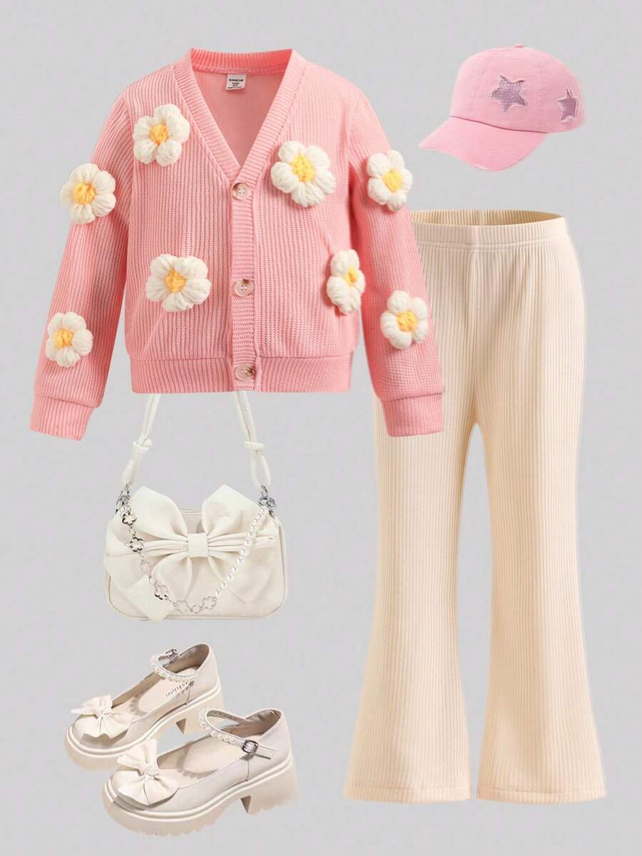 Young Girl Vacation Style Floral Decor Long Sleeve Cardigan Top And Flare Pants Set, Back To School Autumn/Winter - Pink - View 1
