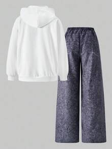 SHEIN Streecool Kids 2pcs/Set Teen Girl Hoodie Sweatshirt & Printed Pants Set Fall Winter