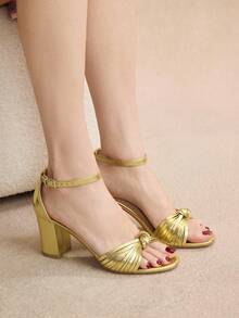 Rosivie Women's Round Toe Thick Heel Hollow Woven Elegant Versatile Comfortable Vacation Roman Sandals, Gold High Chunky Heel Sandals