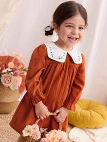 Blossori Baby Girls' French Elegant Colorblock Embroidered Collar Long Sleeve Dress Fall Winter - Multicolor - View 5