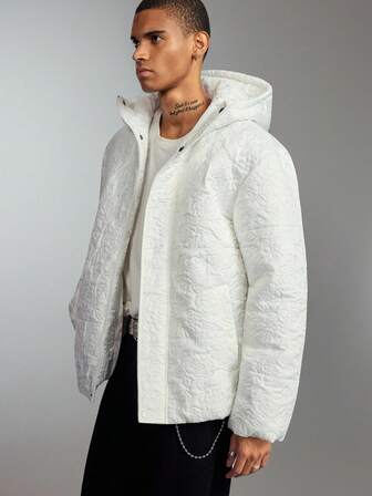 Street Life Men's Casual Embossed Hooded Zip-Up Padded Coat, Warm For Autumn/Winter