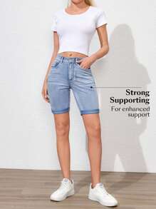Flexra 纯色弹力贴身口袋牛仔短裤，夏季时尚 - 淺色水洗藍 - 查看 5