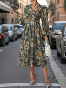 SHEIN Clasi Robe imprimée fleurs vintage verte, style romantique campagnard, convient pour l'automne - Multicolore - Voir 6