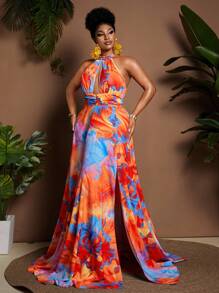 Maweii Đầm hở vai in họa tiết tie dye cho kỳ nghỉ cỡ lớn dành cho nữ - Nhiều màu - Xem 6