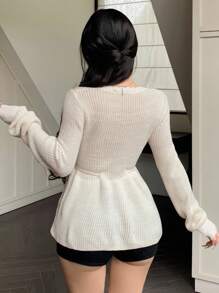 DAZY Women's Solid Color Elegant Commuter Ruffled Splice Drawstring Tie Waist V-Neck Floral Splice Pullover Knit Sweater, Long Sleeve, Autumn/Winter - Beige - View 3