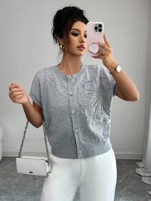 Lacomfia Women's Solid Color Front Button Floral 3D Knitted Cardigan Sweater - Grey - View 9