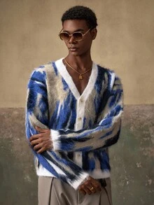 AKNOTIC 男士提花开衫，单排扣，休闲百搭，适合秋冬季、圣诞节、新年等场合，尽显魅力 - 藍白色 - 查看 4