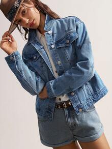 Bohemela Women's Minimalist Daily Wear Star Pattern Long Sleeve Denim Jacket Star Print Denim Jacket Women Star Denim Jacket Western Denim Jacket Women Women Jean Jacket Cowboy Jean Jacket Cowboy Jean Jacket Women