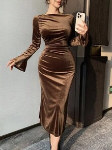 DAZY Vestido midi de unicolor elegante con abertura para mujer, otoño