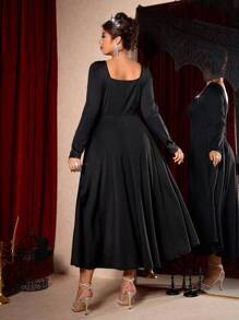 Elenzga Plus Size Women Pearl Decor Square Neck Long Sleeve Elegant Party Dress Fall Cloth For Women - Black - View 2