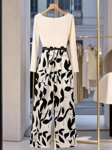 Franclia New Autumn High-End Knitted Top With A Swing Collar Design, A Patchwork Print Pattern, And A Black Metal Belt. Long-Sleeved Women's Jumpsuit For Commuting And Going Out. Women's Going-Out Tops. Women's Autumn Clothing Matching. Women's Office Wear. Women's Jumpsuit. Fall Cloth For Women - Apricot - View 2