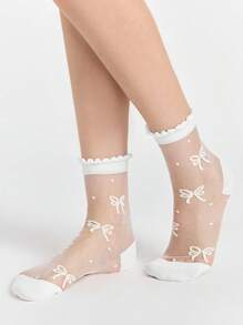 ROMWE Kawaii 2 pares de calcetines de seda con cristal y lazo, calcetines versátiles para mujer hasta la pantorrilla con ribete de encaje