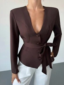 Firerie 女士休闲优雅修身流行色西装外套，适合商务谈判、返校季、通勤/教师装/办公室装/秋季女装/女士冬装/别致秋季/棕色上衣 - 紅木色 - 查看 9