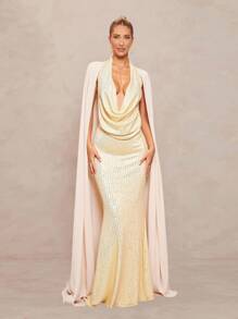 Lumalex 2025新款夏季海滩度假复活节波西米亚风格海滩户外婚礼派对成人毕业派对优雅奢华杏色亮片雪纺飘逸垂坠领修身鱼尾下摆连衣裙女 - 杏色 - 查看 7