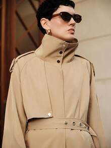 Uhlyne European & American Elegant Commuter High-End Stand Collar Belt Waist Dropped Shoulder Women Long Trench Coat Fall Winter Cloth For Women - Khaki - View 2