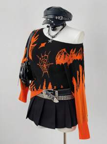 Sunspun Halloween Bat Prints Orange And Black Plus Size Sweaters Winter Fall Autumn