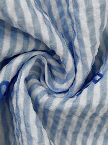 Elaquor Plus Size Women Casual Striped Bow Print Tie Front Top & Pants 2 Pieces Set - Blue - View 7