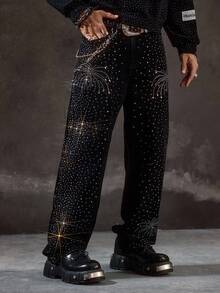 ROMWE MEN Street Life Men's Rhinestone Embellished Pocket Wide Leg Loose Jeans - Black - View 4