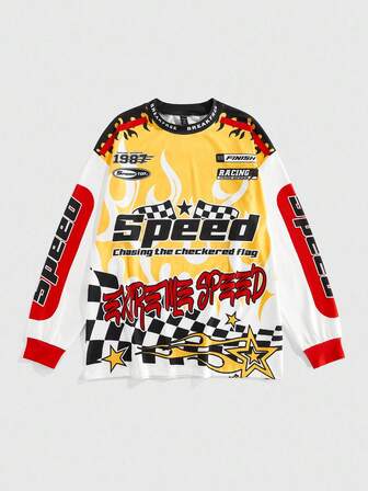 Street Life T-shirt à manches longues col rond décontracté pour hommes avec imprimé lettres et damier, automne