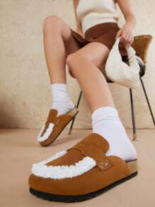 Women's Brown & White Furry Edge Wedge Slippers - Camel - View 2