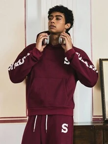 SWAVVY 2pcs Men's Casual Long Sleeve Hoodie And Pants Set, Screen Printed, Maroon Color, Fall Clothes, Winter - Burgundy - View 5