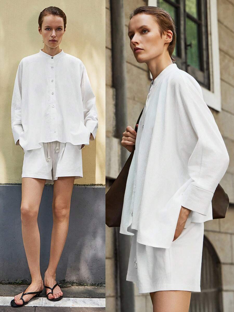 Lumivelle 2pcs/Set Hooded Shirt And Casual Shorts Outfit All White Casual Outfits Spring Clothes For University - White - View 1
