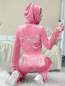 SHEIN Tween Girl Velvet Rhinestone Pocket Hooded Zip-Up Sweatshirt & Flared Pants Casual Elegant 2 Pieces Set, Pink Tween Set, Girls Lounge Set, Girls Bell Bottom Set, Pink 2 Piece Set Fall Winter - Baby Pink - View 2