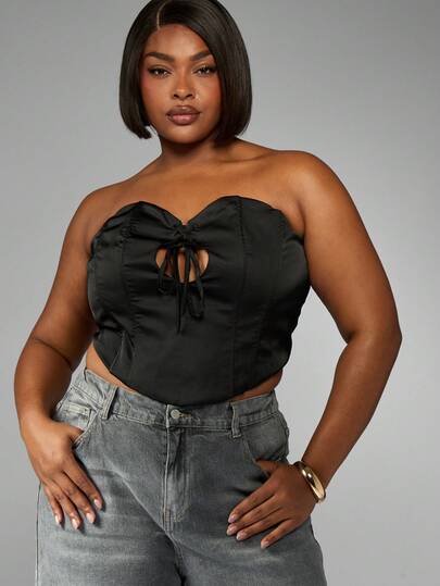 MISSGUIDED PLUS Plus Size Satin Corset Top With Lace Up Front Detail Bustier Crop Tank Evening Party Club Wear Night Out Strapless Fashion Top