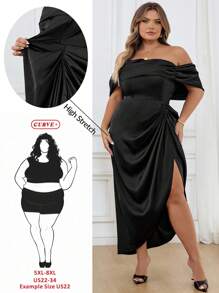 SHEIN CURVE+ 大码女式优雅垂坠中长连衣裙，适合婚礼、伴娘、鸡尾酒会/秋冬 - 黑色 - 查看 1