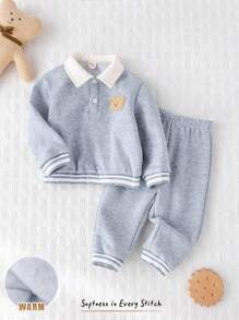 Cozy Pixies 2 件套男婴卡通熊图案保暖内衬圆领运动衫和松紧腰裤套装 - 灰色 - 查看 3