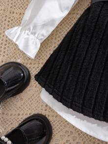 Baby Girls Autumn/Winter Cute Color Block 2 In 1 White Long Sleeve Dress Fall - Black - View 7