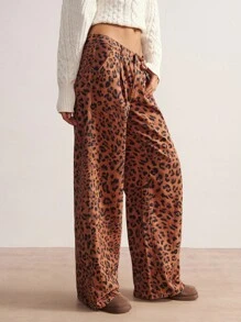 Bohemela Women's Pleated Pocket Leopard Print Wide Leg Loose Casual Jeans,Brown Summer Streetwear Night Out Animal Cheetah Print Pants Clothes - Brown - View 2