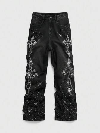 Goth Men's Fashion Cross Rhinestone Embellished Pocket Jeans