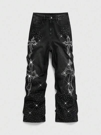 Goth Jeans de moda para hombres con bolsillo decorado con cristales en forma de cruz