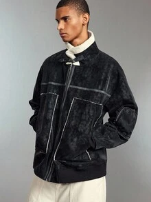 ROMWE MEN Street Life Chaqueta con cremallera delantera y hombros caídos con forro de piel sintética para hombre, otoño/invierno - Negro - Ver 7