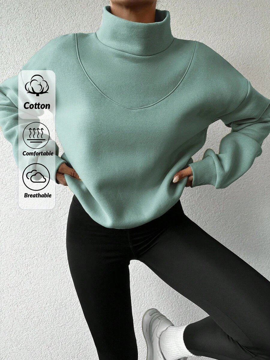 EURMUSE Cotton Solid Mock Neck Drop Shoulder Sweatshirt - Mint Green - View 1