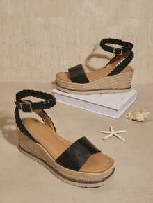 Hauture Sandalias de cuña con correa de tobillo y suela gruesa de color sólido de moda para mujeres - Negro - Ver 5