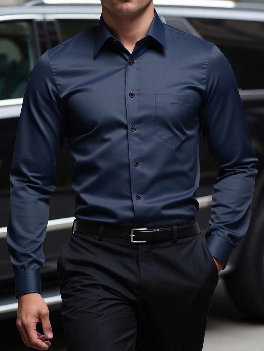 Manfinity Mode Plus Size Men's Solid Color Single-Breasted Pocket Business Casual Long Sleeve Shirt, For Fall