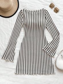 少女针织条纹提花圆领喇叭袖修身优雅连衣裙 - 彩色 - 查看 1